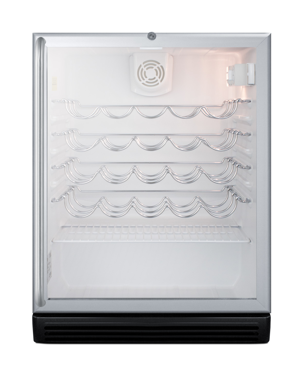 ADA compliant, commercially approved wine cellar for freestanding use with glass door, black cabinet, and full length handle